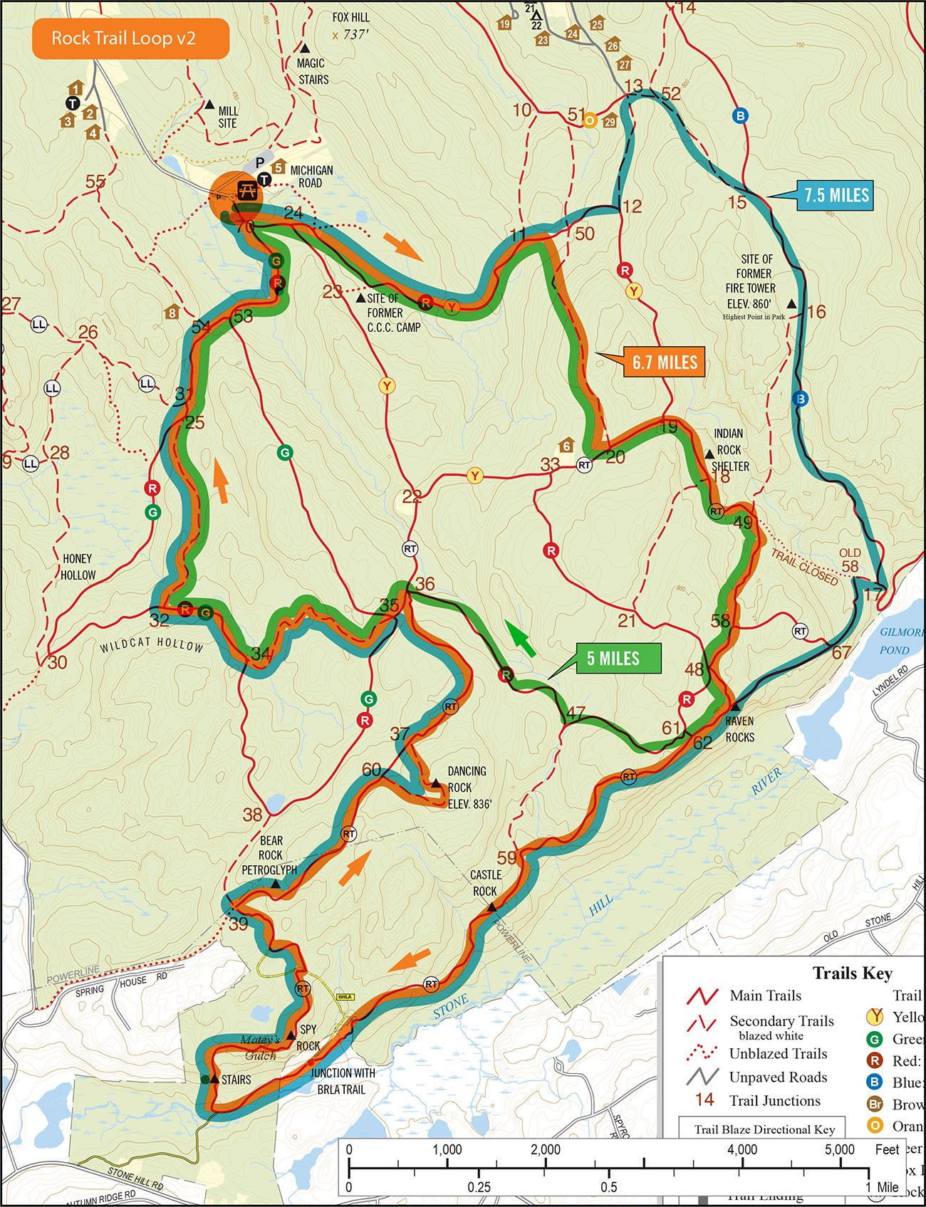 Trail Running Map of Ward Pound Ridge Reservation, Westchester, New York. 6.5 Mile Rock Trail Loop